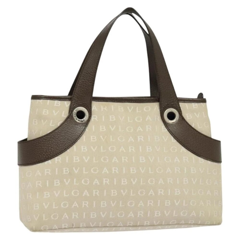 BVLGARI Logo Mania Tote Bag Canvas Beige Silver Auth BA2559